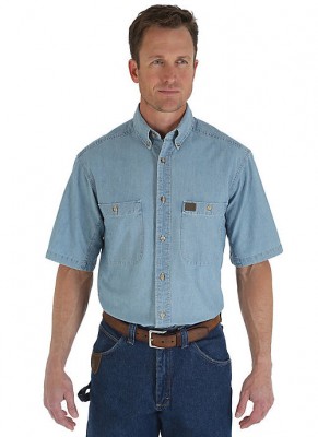 Картинка рубашки с коротким рукавом Wrangler RIGGS Workwear Chambray 
Short Sleeve Work Shirt - Light Blue