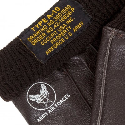 Картинка кожаных перчаток Cockpit USA A-10 Brown Leather Gloves, логотип 
Army Air Forces