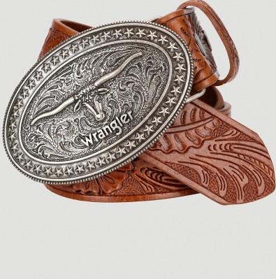 Trophy Buckle Embossed Leather Cognac Belt