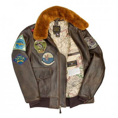 Картинка куртки кожаной Cockpit Top Gun Navy G-1 Jacket, цвет коричневый, в 
расстегнутом виде