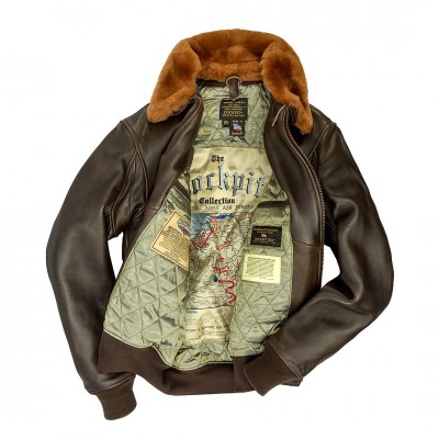Картинка летной кожаной куртки Cockpit Navy G-1 Jacket в развернутом виде, цвет 
коричневый