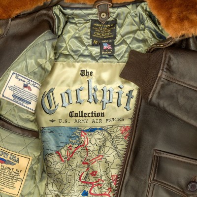 Картинка летной кожаной куртки Cockpit Navy G-1 Jacket, цвет коричневый, 
подкладка