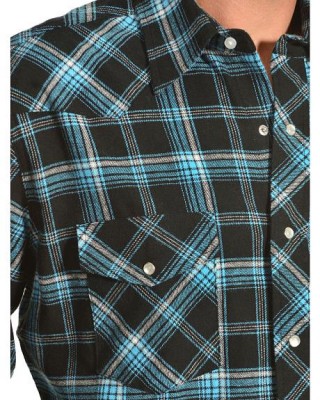 Картинка кармана на фланелевой рубашке Wrangler Mens Black & Blue Plaid Flannel Shirt