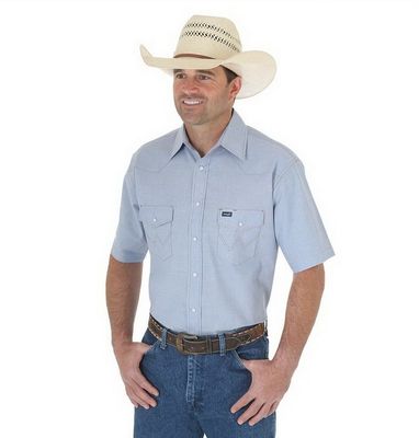 Картинка рубашки с коротким рукавом Wrangler Cowboy Cut Work Western Chambray Short Sleeve Shirt